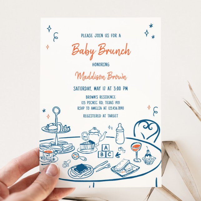 Inbjudan till babyskor för Hand plockade Party (Hand Drawn Baby Brunch Party Baby Shower Invitation
)