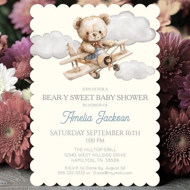 Inbjudan till babyskor för nallen på flygplan (Bear-y Sweet Vintage Airplane and Teddy Bear Baby Shower Invitation )