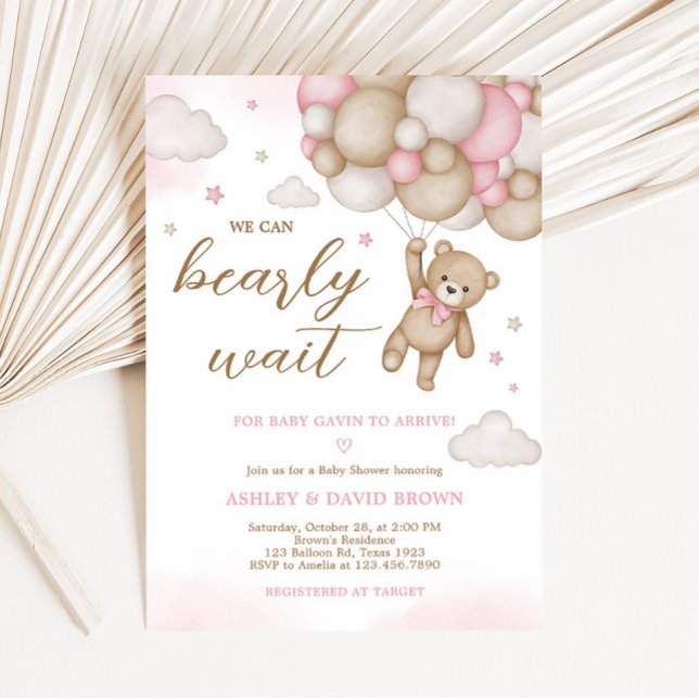 Inbjudan till babyskor för rosa Bear Balloon Showe (Girl Bear Baby Shower Invitation)