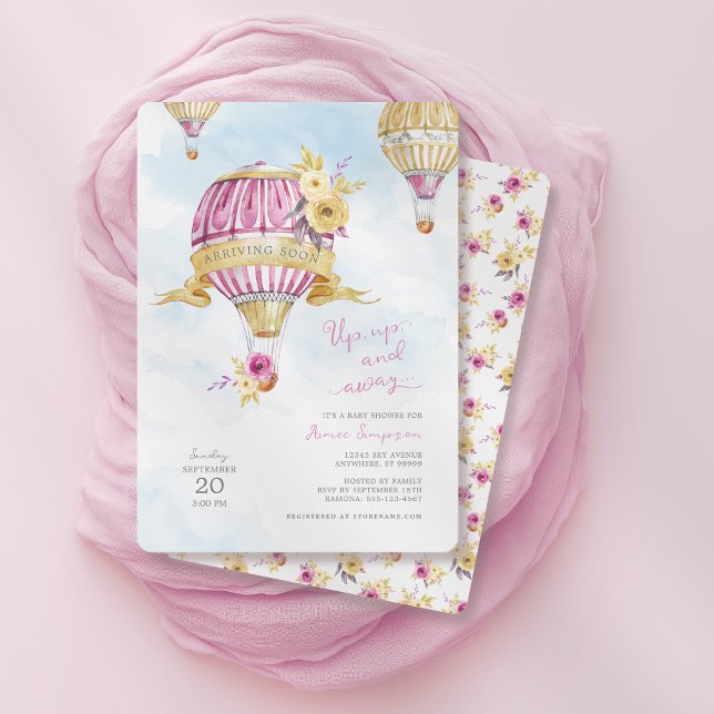 Inbjudan till babyskor för rosa Guld Luftballong  (Shown on a 5" x 7" invitation)