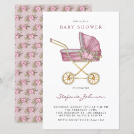 Inbjudan till babyskor för rosa Vintage Barnvagn