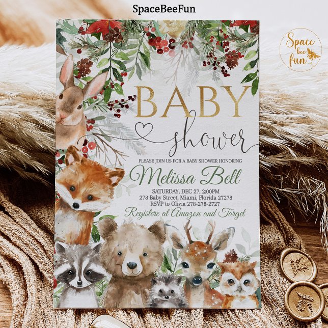 Inbjudan till babyskor för trädsdjur (Woodland Animals,Baby Shower,Invitation Boy,Bear Forest,Woodland bear,Animals Invite,Bear Fox,Woodla)