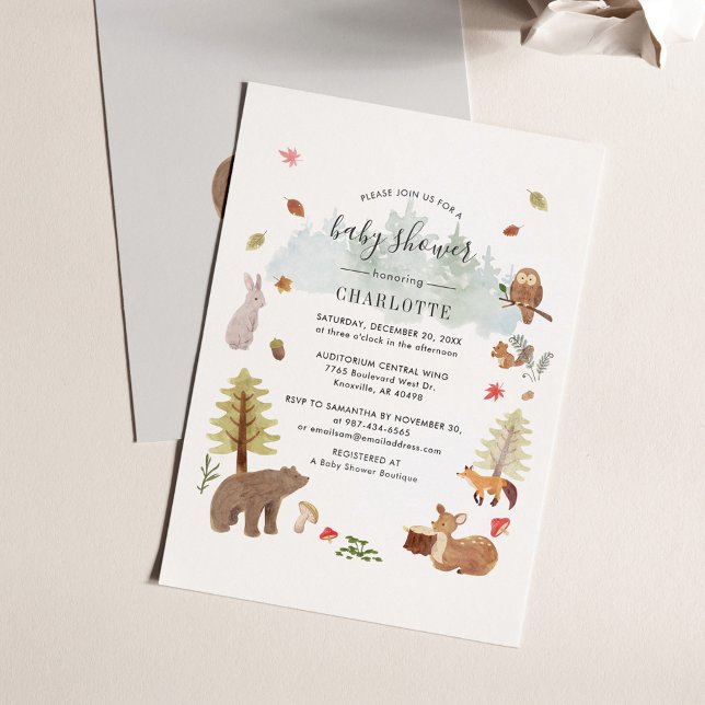 Inbjudan till babyskor för trädsdjur flygblad (Woodland Animals Script Baby Shower Invitation)