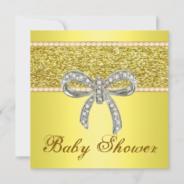 Inbjudan till babyskor i Guld Glitter Diamond Bow (Framsida)