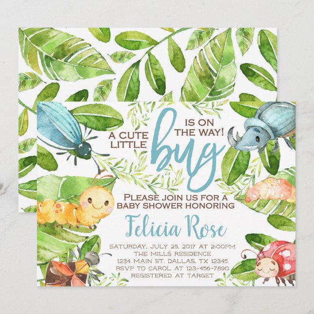 Inbjudan till babyskor i Kryp Insekt Inbjudan (Fram/baksida)