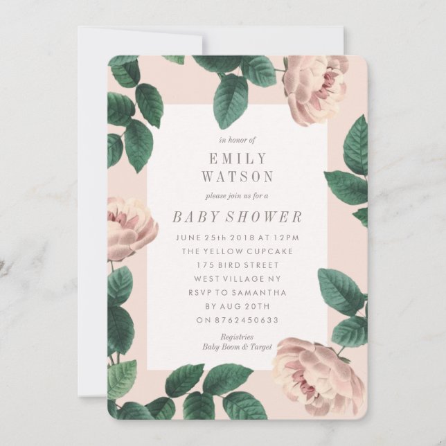 Inbjudan till babyskor i Rosa ros Flower Ram (Framsida)