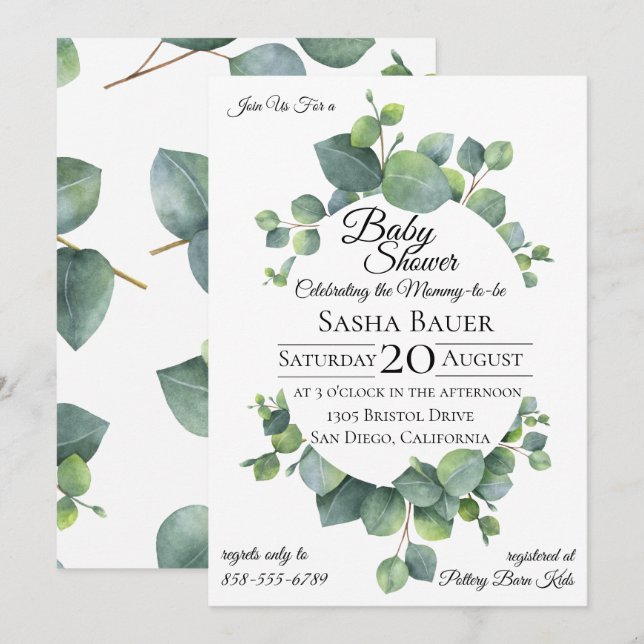 Inbjudan till babyskor i Silver-dollar i Eucalyptu (Fram/baksida)
