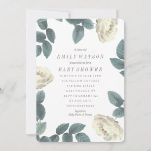Inbjudan till babyskor i Vit ros Flower Ram