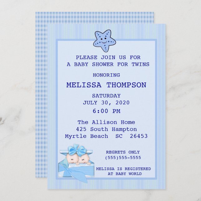 Inbjudan till babyskor med dubbla pojkar (Fram/baksida)