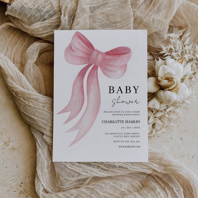 Inbjudan till babyvisningsfack för Rosa (Baby Shower Pink Bow Invitation)