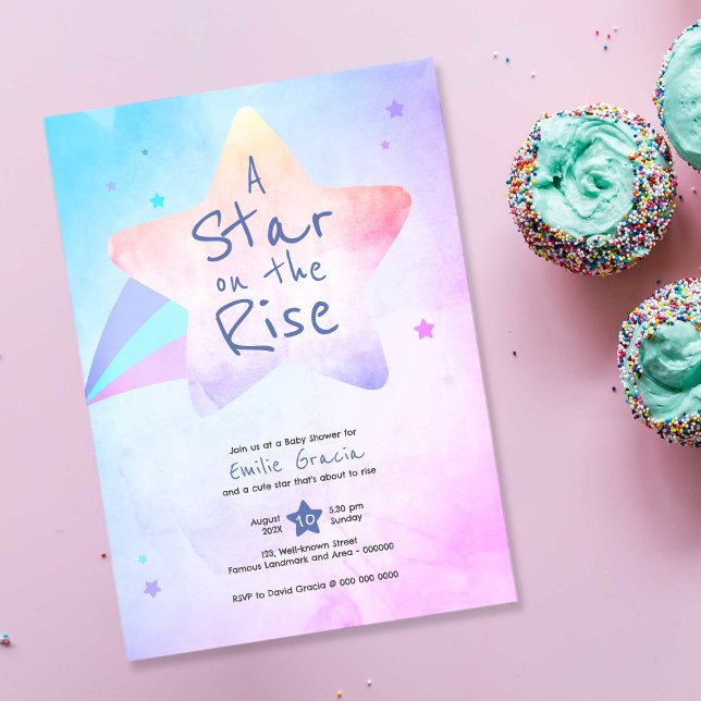 Inbjudan till babyvisningsprogram | En stjärna på  (cute baby shower invitation card | pink and blue, shining, star, watercolor, hand drawn effect)