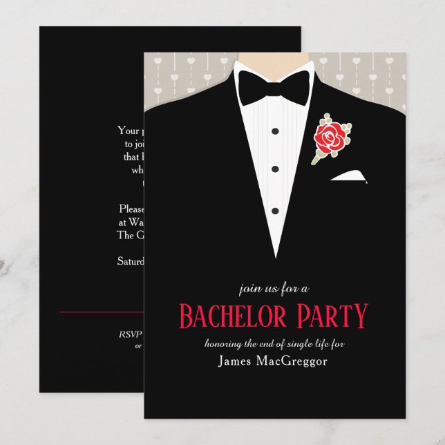 Inbjudan till Bachelor Party tuxedo röd ros (Fram/baksida)