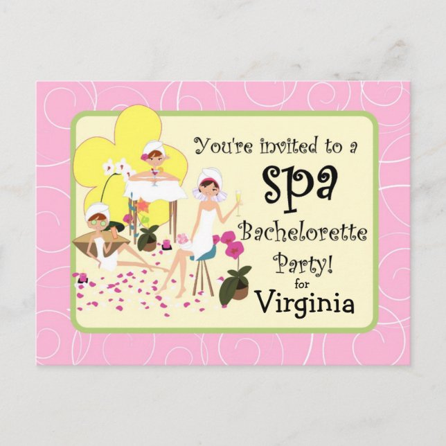 Inbjudan till Bachelorette Party Spa vycard - Rosa Vykort (Framsida)
