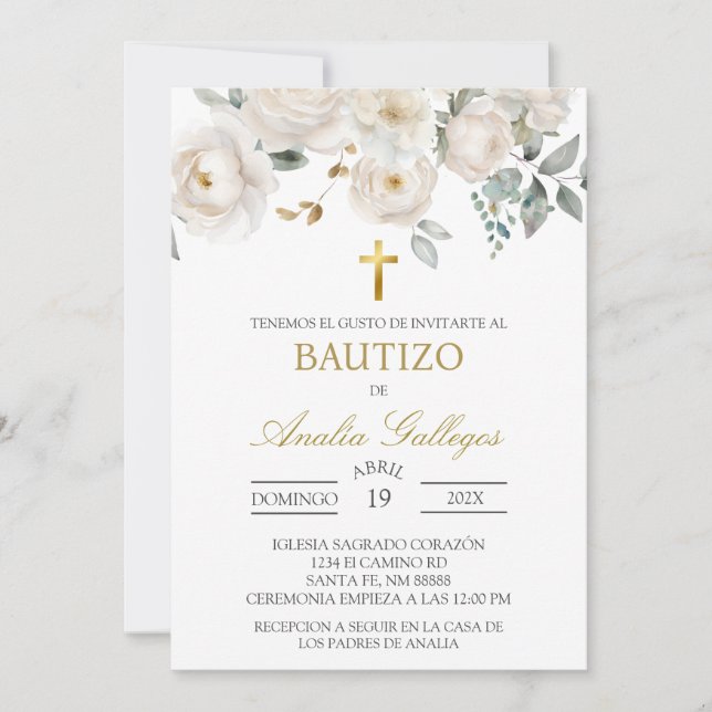 Inbjudan till baptism i vit ros (Framsida)