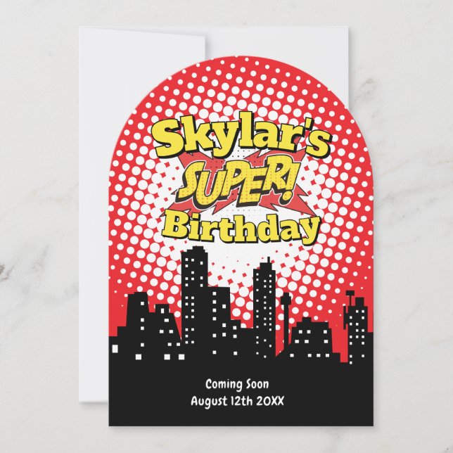 Inbjudan till barnkalas med superhjältar - RIP 20s (Framsida)