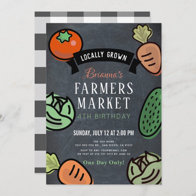 Inbjudan till Barns födelsedag på jordbrukarnas bö (Fram/baksida)