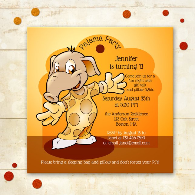 Inbjudan till barns födelsedag Slumber- eller Paja (A colorful pajama child birthday invitation with a cute elephant, fun girl talk and pillow fights)