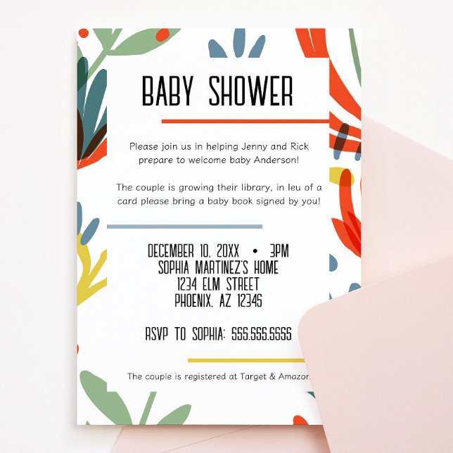 Inbjudan till barnskor för BrightStor Botanicals (bright and colorful botanical floral baby shower invitation green, yellow, blue, red flowers)