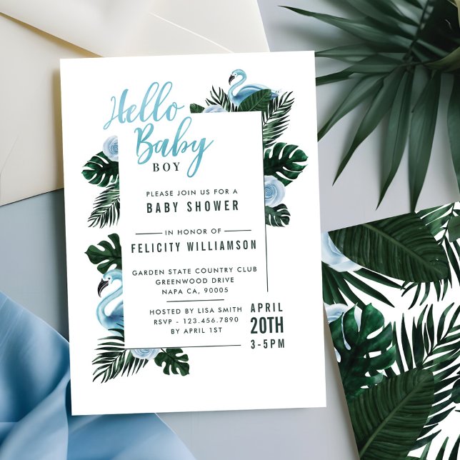 Inbjudan till barnskor i Tropical Blue Flamingo Ro (Tropical Blue Flamingo Rose Baby Shower Invitation)