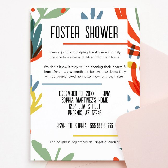 Inbjudan till barnvakt för barn i botaniker (bright and colorful botanical floral foster child shower invitation green, yellow, blue, red flowers)