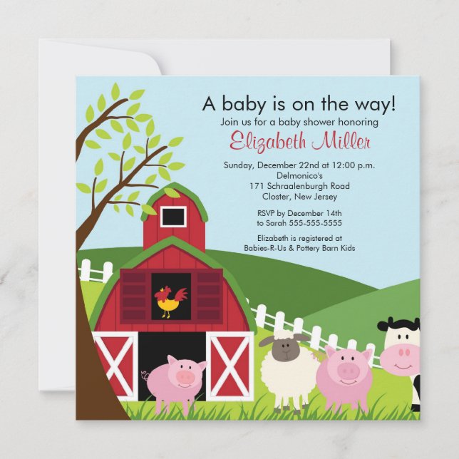 Inbjudan till Barnyard Animals Babyskon (Framsida)