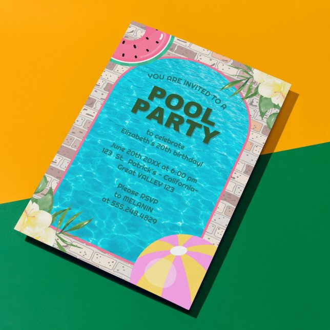 Inbjudan till Bassäng-partiet Handflatan sommar Bl (Palm Summer Blue Adult Pool Party Invitation)