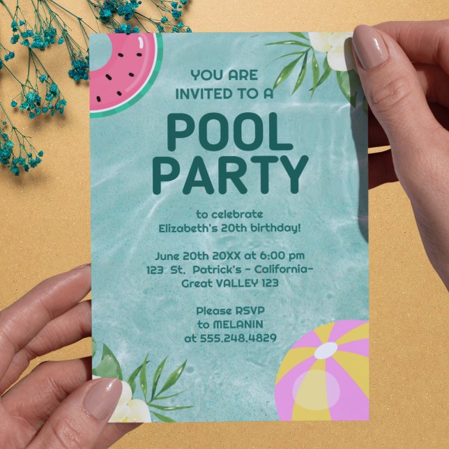 Inbjudan till Bassäng-partiet Handflatan Vår Blue  (Palm Springs Pool Party Blue Adult Birthday Invitation)