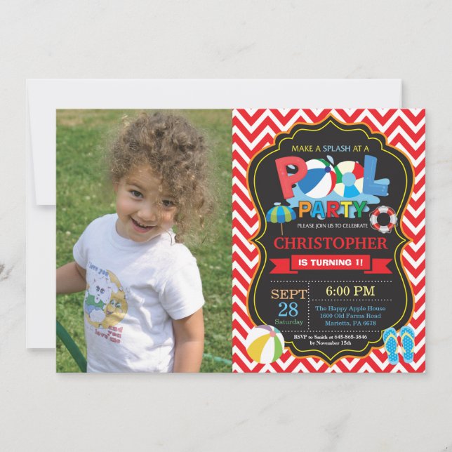 Inbjudan till bassäng-partiet Red Splish Stänk Boy (Framsida)