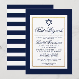 Inbjudan till bat mitzvah blå och vit Rand Guld