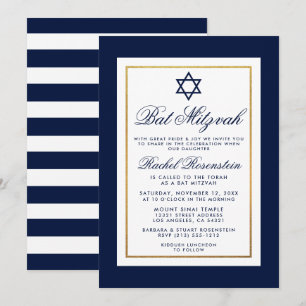 Inbjudan till bat mitzvah blå och vit Rand Guld