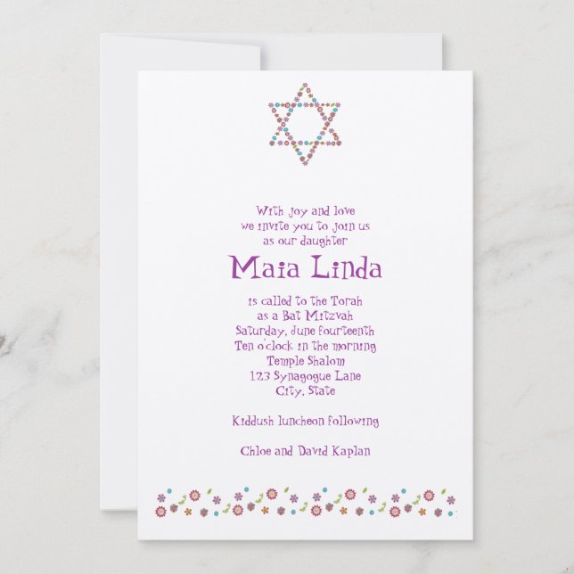 Inbjudan till Bat Mitzvah Blomma Davidsstjärna Tan (Framsida)