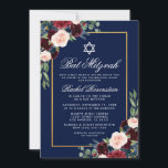 Inbjudan till bat mitzvah Blommigt Burgundy Blue G<br><div class="desc">Inbjudningskort för bat mitzvah vattenfärg Burgundy Marsala Blue Blommigt Guld</div>