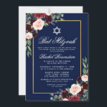 Inbjudan till bat mitzvah Blommigt Burgundy Blue G<br><div class="desc">Inbjudningskort för bat mitzvah vattenfärg Burgundy Marsala Blue Blommigt Guld</div>
