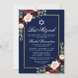 Inbjudan till bat mitzvah Blommigt Burgundy Blue G