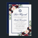 Inbjudan till bat mitzvah Blommigt Burgundy Blue S<br><div class="desc">Inbjudningskort för bat mitzvah vattenfärg Burgundy Marsala Blue Blommigt Silver</div>