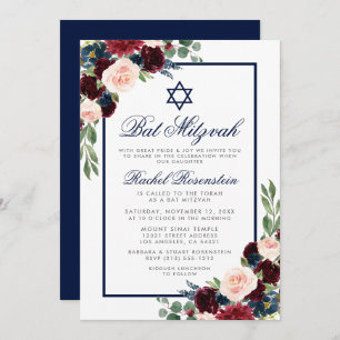 Inbjudan till bat mitzvah Blommigt Burgundy Blue S