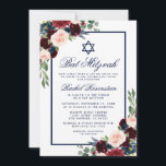 Inbjudan till bat mitzvah Blue Burgundy-Blommigt<br><div class="desc">Bat mitzvah Blommigt för Burgundy Marsala Blue-inbjudan</div>