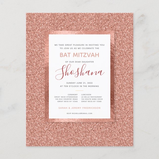 Inbjudan till bat mitzvah budget för Ro Glitter Gu (Framsida)