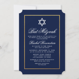 Inbjudan till bat mitzvah Elegant Blue and Guld
