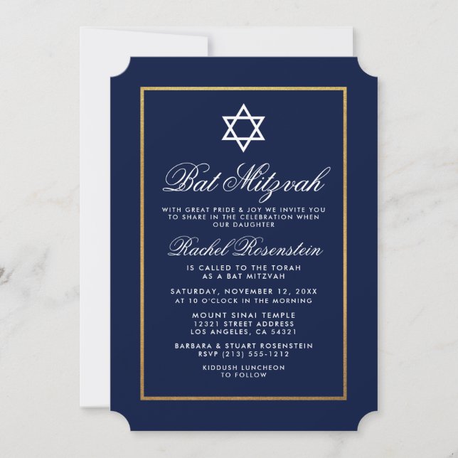 Inbjudan till bat mitzvah Elegant Blue and Guld (Framsida)