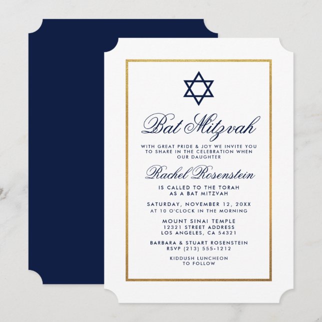 Inbjudan till bat mitzvah Elegant Blue Guld (Fram/baksida)