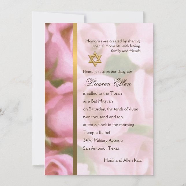 Inbjudan till Bat mitzvah Rosa ros (Baksida)