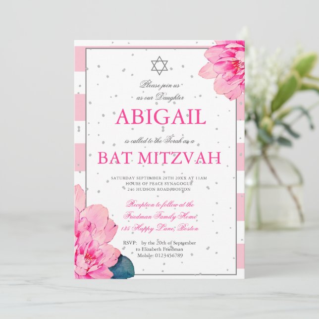 Inbjudan till bat mitzvah Rosa ros Hebreiska Silve (Stående Fram)