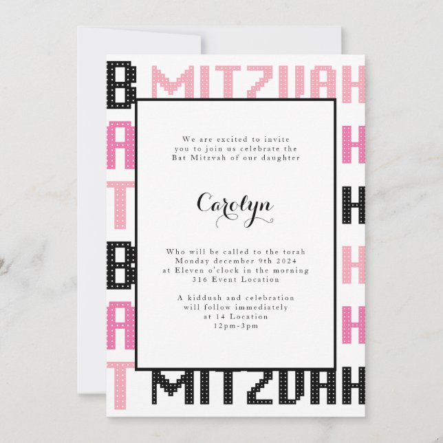 Inbjudan till Bat Mitzvah svart och rosa (Framsida)