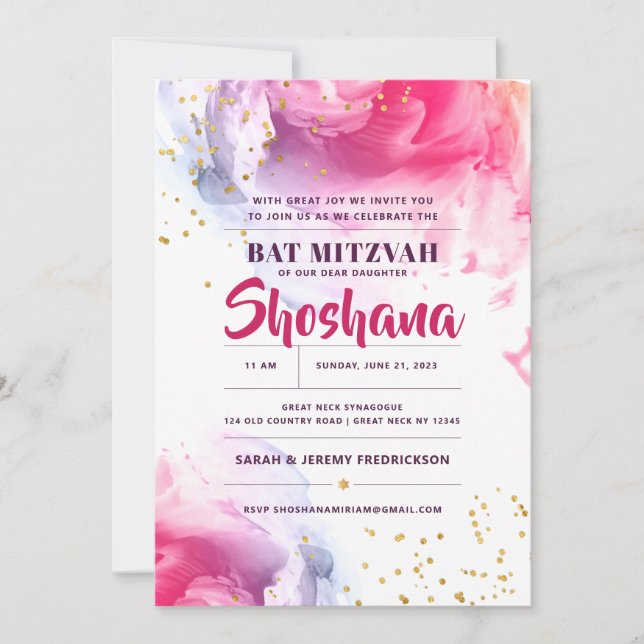 Inbjudan till bat mitzvah vattenfärg i Glitter (Framsida)