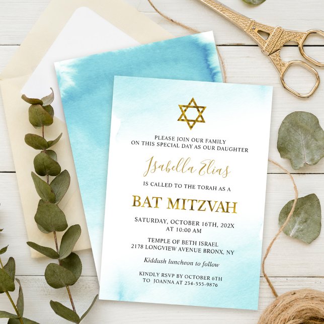 Inbjudan till bat mitzvah vattenfärg Pastel Blue G (Skapare uppladdad)