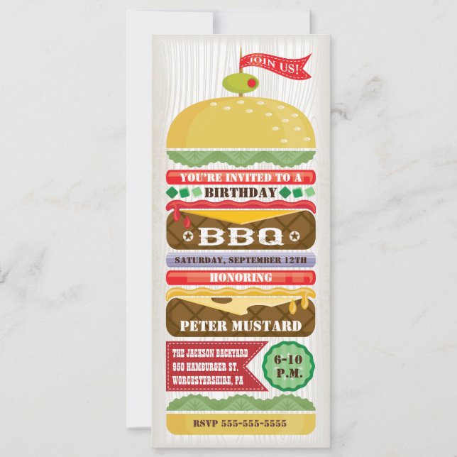 Inbjudan till BBQ-hamburgerfest med staplade burga (Framsida)