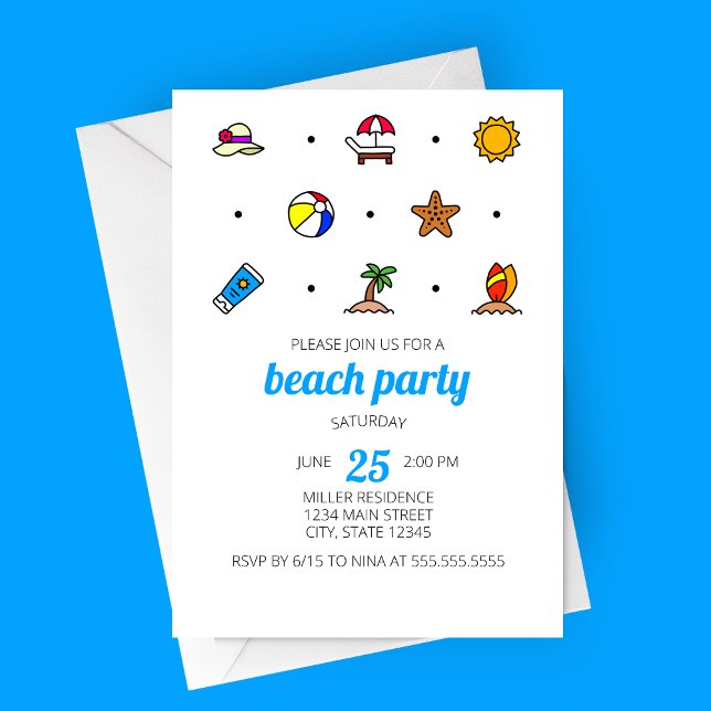 Inbjudan till Beach Icons-fest (Minimalist Modern Beach Line Icons Beach Party Invitation)