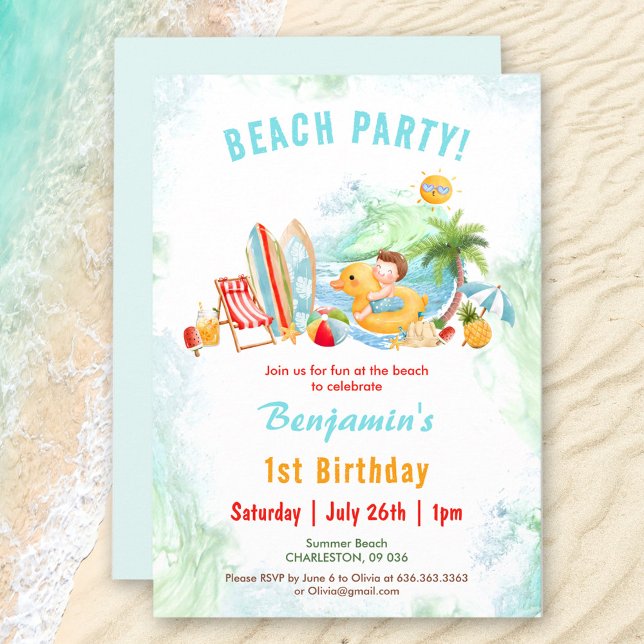 Inbjudan till beach party sommar 1-års födelsedags (Beach Party Summer 1st Birthday Boy Invitation)
