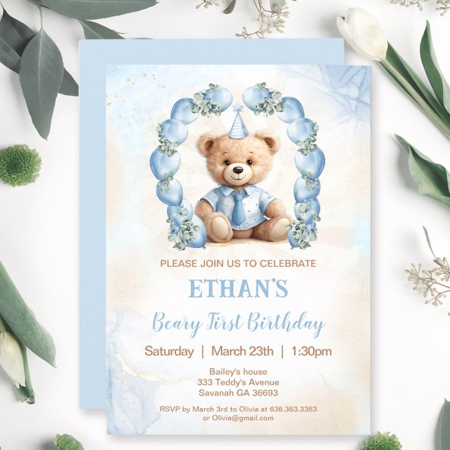 Inbjudan till Bear Blue Balloons första födelsedag (1st Birthday Bear Blue Balloons Invitation)